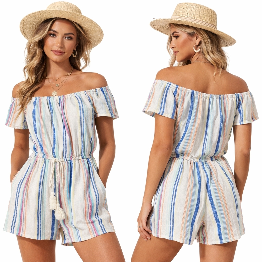GYPSIES MOONDUST Womens Romper Small Natural Stripe Coastal Boho NEW